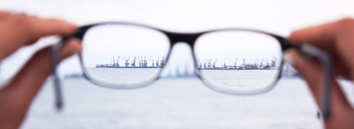 a pair of reading glasses held by two hands, bringing into focus a group of cranes on a warf